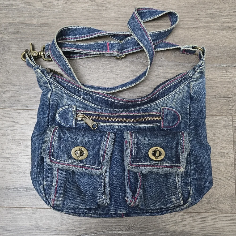 Y2K Denim Shoilder Bag Pink Stitching Boho Streetwear Preppy